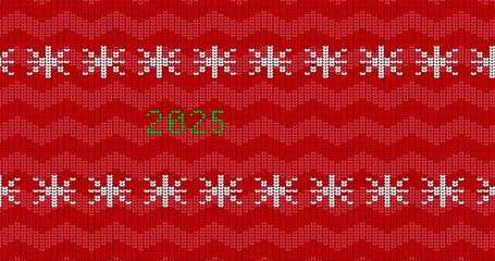 Poster - Ugly sweater animated video with number 2025. Animation of Winter knitted sweater pattern in red, white and green.