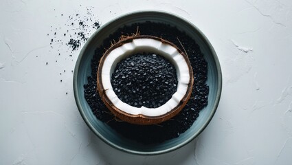 Poster - coconut shell containing activated charcoal in a bowl on a light backdrop