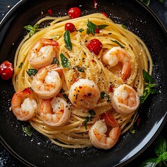 Aufkleber - Delectable Shrimp Pasta Garnished with Chilies and Fresh Herbs on Black Plate : Generative AI