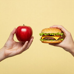 Wall Mural - One hand holding apple fruit other holding hamburger. Healthy natural organic fresh vegetarian food vs unhealthy processed fast junk food meat. Nutrition diet lifestyle fitness eating choice concept.