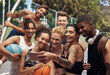 © peopleimages.com - Happy, basketball court and selfie of friends for sports match, practice and competition outdoors. Fitness, team and men with women in picture for social media after training, game and exercise