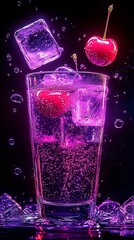 Poster - A vibrant sparkling drink with cherries and ice cubes splashing in an artistic setting : Generative AI