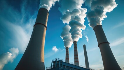 Poster - perspective on the two smokestacks of the power facility against a clear blue sky, up close.