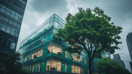 Poster - sustainable architecture in a contemporary urban setting. glass office structure integrated with gre