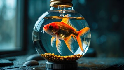 Poster - goldfish swimming in water within a light bulb design