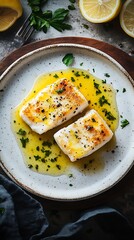 Aufkleber - Delicious grilled fish fillets drizzled with olive oil served on a rustic plate decorated with fresh parsley and lemon : Generative AI