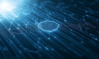 Leinwandbilder - Abstract blue background with luminous particles and rays of light creating a digital atmosphere.