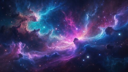 Poster - Colorful Cosmic Nebula: 4k Vibrant Abstract Space Background Featuring Surreal Explosions, Bright Stars, and Asteroids