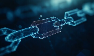 Poster - Futuristic digital chain links illustrated with glowing particles on a dark background.