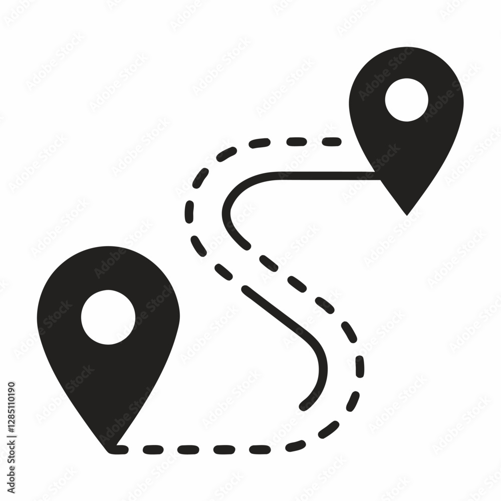 Route location icon, two pin sign and dotted line road, start and end ...