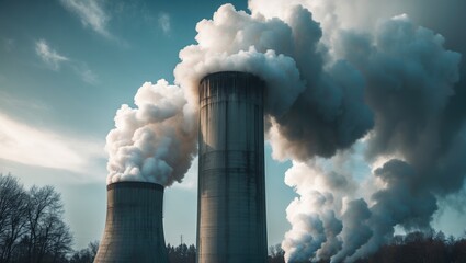 Poster - tall concrete smokestack releases carbon dioxide and harmful emissions impact of co2 on climate chan