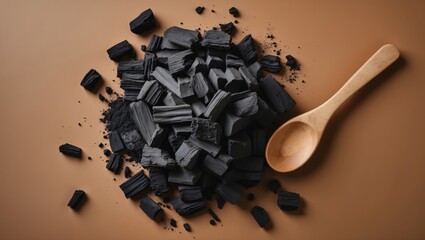 Poster - charcoal pieces and a wooden spoon on a warm beige backdrop. sustainable living idea.