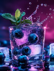 Aufkleber - Refreshing blueberry cocktail with mint and ice splashes against vibrant colorful background : Generative AI