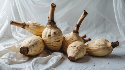 Wall Mural - Separated cassava roots on a plain white background.