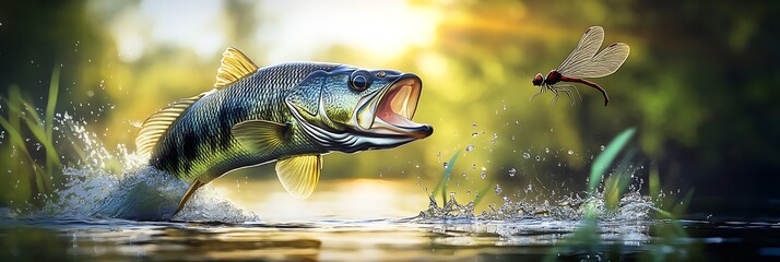Aufkleber - Large Bass Fish Jumping Out of Water Chasing a Dragonfly in Natural Light : Generative AI