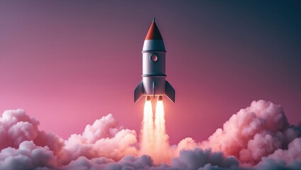 Poster - Innovative concepts and creative thought process. Rocket ascends against a pink backdrop. Rendered image.