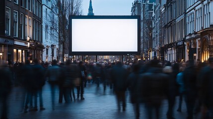Poster - Blank advertising billboard in a busy urban street environment filled with crowd during twilight hours : Generative AI