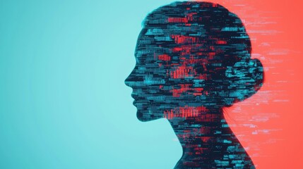 Poster - A silhouette of a woman's head is overlaid with digital code, symbolizing the intersection of technology and identity against a contrasting background.
