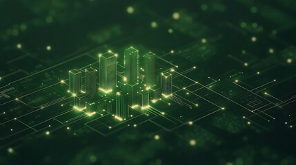 Poster - Digital cityscape illuminated in green tones with abstract circuitry patterns.