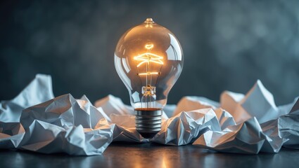 Poster - crumpled paper surrounding a glowing light bulb as a symbol of inspiration and creativity.