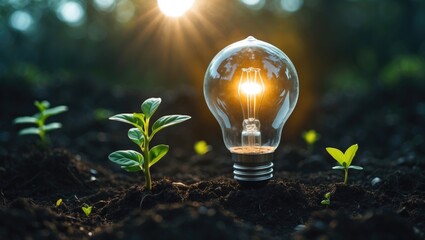 Poster - lightbulb illuminating a small plant in soil with sunlight. theme of energy conservation in nature
