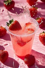 Poster - Refreshing strawberry drink splashing in a clear cup surrounded by fresh berries on a vibrant pink background : Generative AI