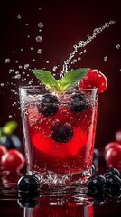 Aufkleber - Refreshing Berry Cocktail Splashing in a Glass Surrounded by Fresh Fruits and Mint Leaves : Generative AI