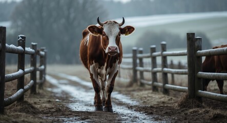 Wall Mural - a cow strolls through a snowy farm landscape, captured in a close-up shot.