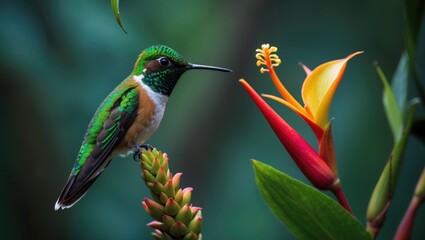 Poster - a green-crowned brilliant hummingbird (heliodoxa jacula) is seen sipping nectar from a heliconia flo