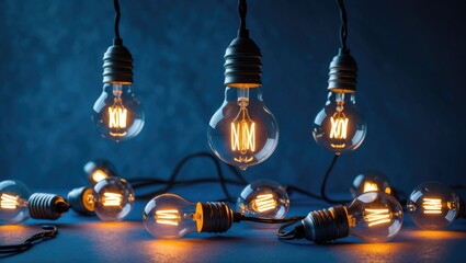 Poster - illuminated bulbs against a deep blue backdrop. conceptual photography.