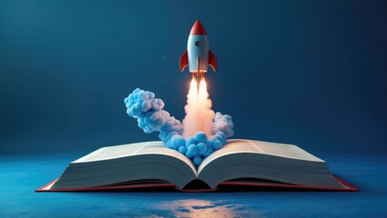 Poster - innovative concepts and creative thinking. a rocket launching from a book with smoke against a blue 