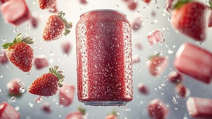 Aufkleber - Refreshing Fruit Drink Featuring Strawberries with a Sparkling Can Surrounded by Ice : Generative AI