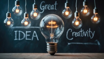 Poster - innovative ideas and creativity theme featuring light bulbs on a chalkboard canvas