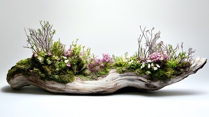 Poster - Vibrant Floral Arrangement on Driftwood with a Rich Palette of Greens and Purple Blossoms Displayed Artistically : Generative AI