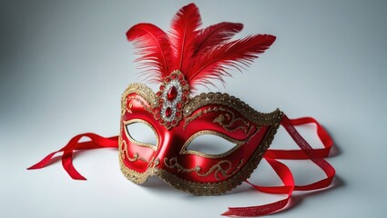 Poster - Vibrant red masquerade mask with feathers. Set against a white background.