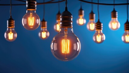 Poster - a single illuminated light bulb standing out among other bulbs against a blue background, representi