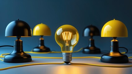 Poster - realistic depiction of a yellow light bulb surrounded by black lamps, representing creative thinking