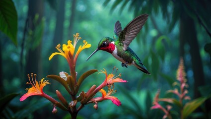 Poster - heliodoxa jacula, known as the green-crowned brilliant, is captured in mid-flight while sipping nect
