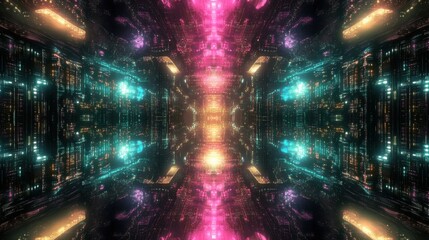 Poster - Futuristic Abstract Scene with Neon Lights and Colorful Digital Structures in Endless Perspective