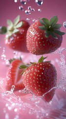 Poster - Fresh strawberries splashing in water against a pink background showcasing vibrant red colors : Generative AI