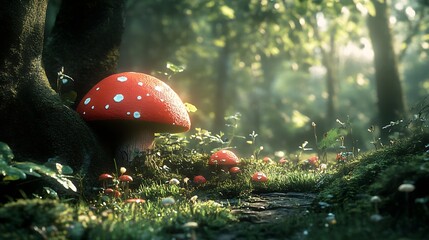 Poster - Vibrant red mushroom surrounded by lush greenery and soft sunlight in enchanted forest setting : Generative AI