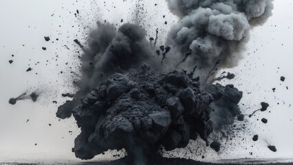 Poster - Explosion of charcoal dust creating a dark smokescreen on a light backdrop. Black cloud of coal particles bursting outward.