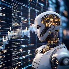 Fototapete - Futuristic humanoid robot with a digital interface against a technology backdrop depicting data streams : Generative AI