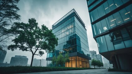 Poster - sustainable architecture in a contemporary urban setting. modern glass office structure featuring gr