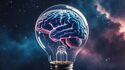 Poster - image of a light bulb containing a brain-shaped cosmic nebula - a conceptual representation of creat