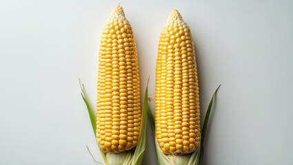 Wall Mural - Pair of fresh sweet corn cobs on a white background.