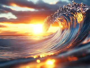 Leinwandbilder - Dynamic ocean wave captured at sunset showcasing stunning colors and splashes of water in the light : Generative AI