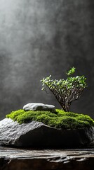 Poster - Artistic Representation of a Mossy Rock Formation Surrounded by Tiny Green Plant Life on a Dark Background : Generative AI