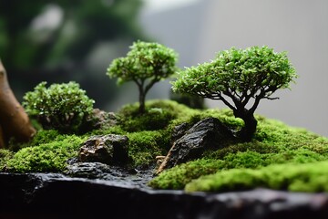 Aufkleber - Miniature landscape featuring small intricate trees on moss-covered rocks showcasing the artistry of landscaping : Generative AI