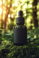 Poster - Elegant Dark Glass Dropper Bottle Set Against Lush Green Background for Natural Beauty Products : Generative AI